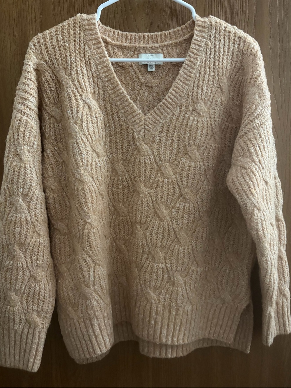 Lucky Brand Textured V-Neck Cable Sweater - Beige